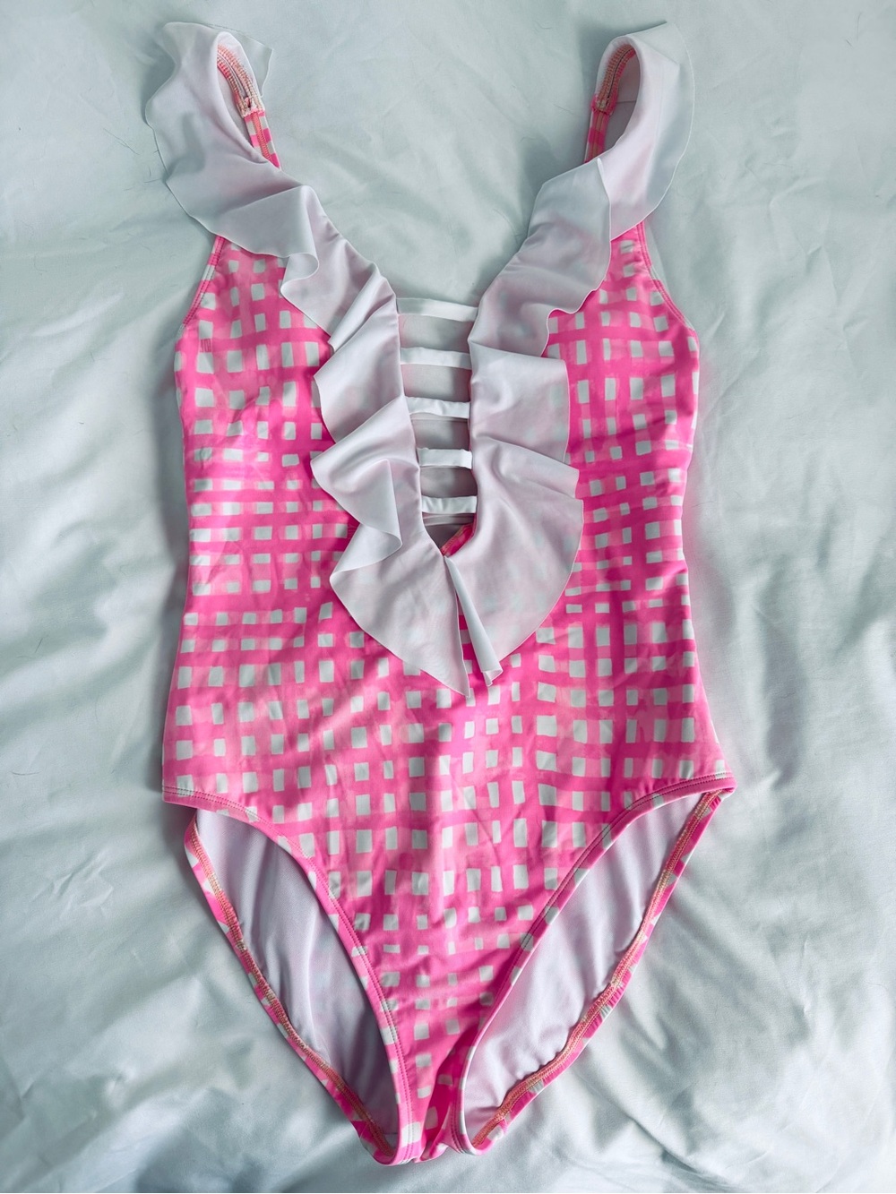 Lilly Pulitzer Carmen one-piece swimsuit pink gingham ruffle size 6